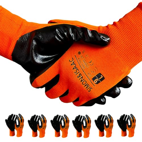 SIMON&ISAAC Sicherheits Arbeitshandschuhe Nitril rutschfeste verschleißfeste Anti-Penetration Handschuhe 6 Paar Größe 9/L (orange, L) von SIMON&ISAAC