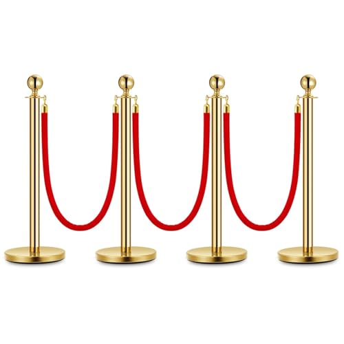 Edelstahl Absperrpfosten Absperrung Zur Steuerung Von Menschenmengen Mit 3 Roten Samtseilen (1,5 m Lang), Absperrständer Aus Edelstahl Mit Nachfüllbarem Sockel Für Ausstellunge Crowd Control Barriers von SIMOORE