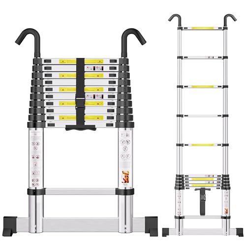 SIMPDIY 3,2M Teleskopleiter, Aluleiter ausziehbar mit Stabilisator, Leiter Ausziehbar mit Haken, 11 Sprossen, für Hause, Wohnmobil und Freien, Tragkraft 150 kg von SIMPDIY