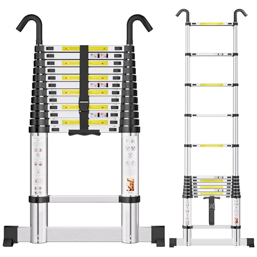 SIMPDIY 3,8M Teleskopleiter, Aluleiter ausziehbar mit Stabilisator, Leiter Ausziehbar mit Haken, 13 Sprossen, für Hause, Wohnmobil und Freien, Tragkraft 150 kg von SIMPDIY