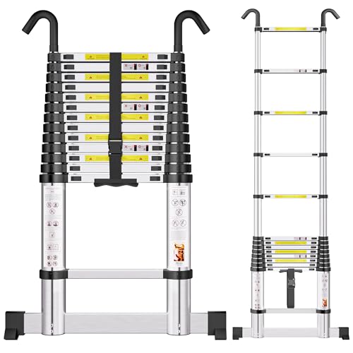 SIMPDIY 4,1M Teleskopleiter, Aluleiter ausziehbar mit Stabilisator, Leiter Ausziehbar mit Haken, 14 Sprossen, für Hause, Wohnmobil und Freien, Tragkraft 150 kg von SIMPDIY