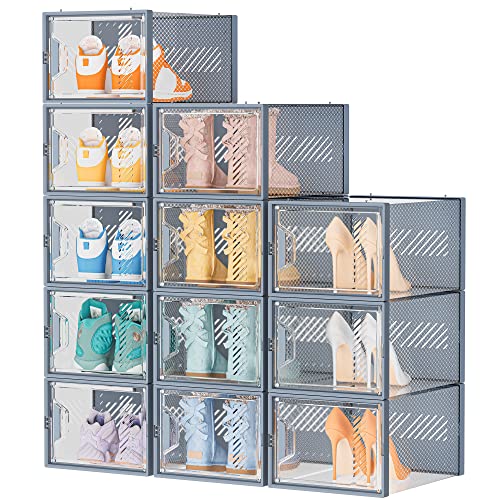 SIMPDIY Schuhboxen Stapelbar Transparent, 12er Pack Schuhkarton mit Deckel, Schuhaufbewahrung für Stöckelschuhe, Stiefeletten, Pumps, High Tops, bis Größe 46, Grau von SIMPDIY