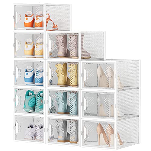 SIMPDIY Schuhboxen Stapelbar Transparent, 12er Pack Schuhkarton mit Deckel, Schuhaufbewahrung für Stöckelschuhe, Stiefeletten, Pumps, High Tops, bis Größe 46 von SIMPDIY