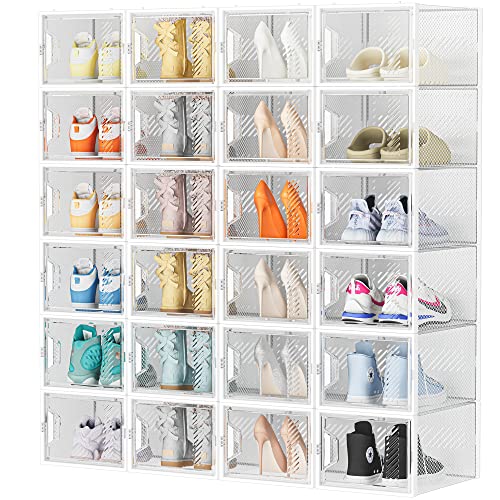 SIMPDIY Schuhboxen Stapelbar Transparent, 24er Pack Schuhkarton mit Deckel, Schuhaufbewahrung für Stöckelschuhe, Stiefeletten, Pumps, High Tops, bis Größe 46 von SIMPDIY