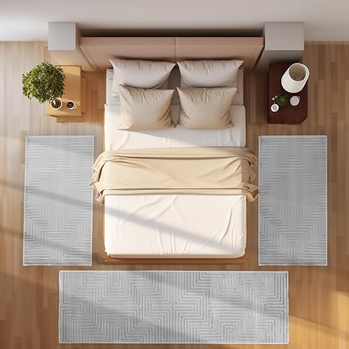 Bettvorleger Schlafzimmer Teppich Läufer Flur Bettumrandung Teppich Küchenläufer Kurzflor 3 Teiliger Set Boho Stil Modernes Design Soft Weich, Silber von SIMPEX