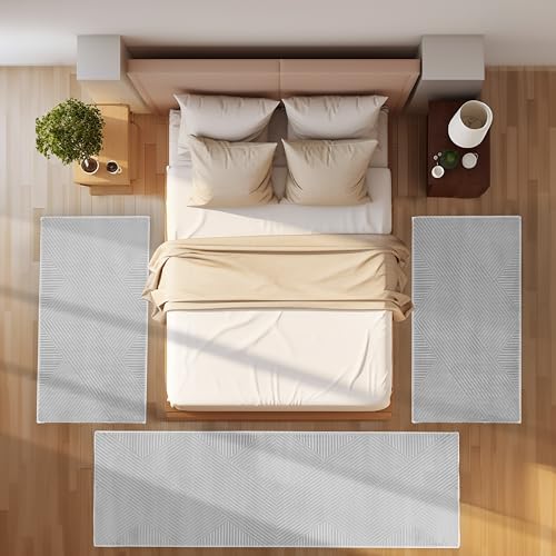 Bettvorleger Schlafzimmer Teppich Läufer Flur Bettumrandung Teppich Küchenläufer Kurzflor 3 Teiliger Set Boho Stil Modernes Design Soft Weich, Silber von SIMPEX