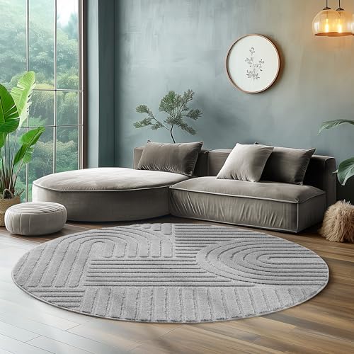 Hochflor Rund Teppich Wohnzimmer Küchenteppich Schlafzimmer Läufer Flur Skandi Boho Teppich 3D Design Flauschig Weich, Größe: 160 x 160 cm Farbe: Silber von SIMPEX