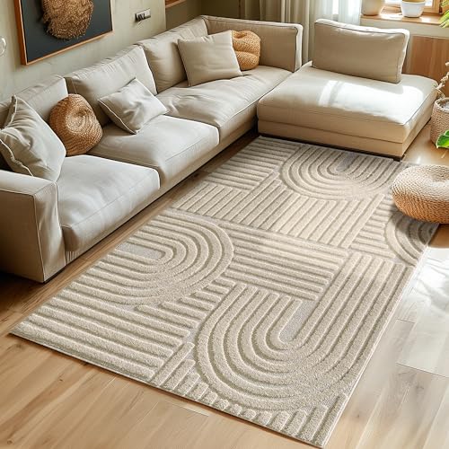 Hochflor Teppich Wohnzimmer Küchenteppich Schlafzimmer Läufer Flur Skandi Boho Teppich 3D Design Flauschig Weich, Größe: 60 x 110 cm Farbe: Beige von SIMPEX
