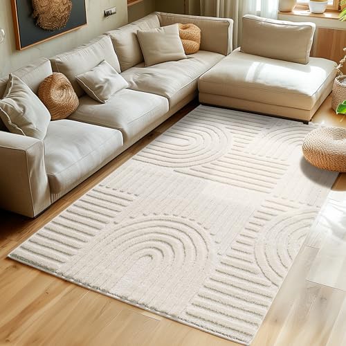 Hochflor Teppich Wohnzimmer Küchenteppich Schlafzimmer Läufer Flur Skandi Boho Teppich 3D Design Flauschig Weich, Größe: 80 x 250 cm Farbe: Creme von SIMPEX
