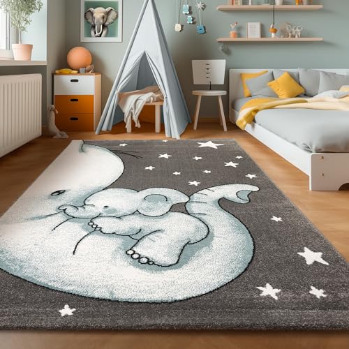 Teppich Rund Kinderzimmer Elefant Design Kurzflor Kinderteppich mädchen Spielteppich Modern Design Babyzimmer Teppiche für Junge und Mädchen Extra Weich und Antiallergen Blau und Grau 120 cm Rund von SIMPEX