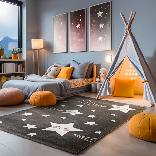 SIMPEX KinderTeppich, Sterne-Design, Teppich Grau, 120 x 170 cm, Teppich für Kinder, Teppich Kinderzimmer von SIMPEX