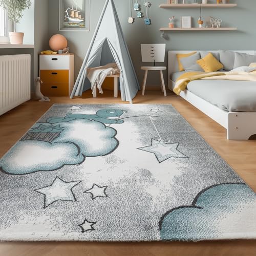 Teppich Kinderzimmer Bär-Himmel Wolken Sterne Design Kurzflor Kinderteppich mädchen Spielteppich Modern Design Babyzimmer Teppiche für Junge und Mädchen Extra Weich 160 x 230 cm von SIMPEX