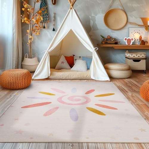 Kinderteppich Teppich Kinderzimmer Sonnen Design Babyzimmer Teppiche Spielteppich für Jungen und Mädchen Teppich Creme Waschbar und rutschfest 100 x 150 cm, Rechteckig von SIMPEX