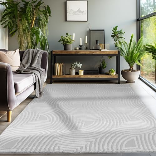 Kurzflor Teppich Wohnzimmer Beige Schlafzimmer Esszimmer Läufer Flur Küchenteppich Boho Teppich 3D Design Skandinavischer Stil Modern Weich, Silber, 140 x 200 cm von SIMPEX