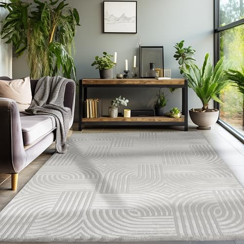 Kurzflor Teppich Wohnzimmer Beige Schlafzimmer Esszimmer Läufer Flur Küchenteppich Boho Teppich 3D Design Skandinavischer Stil Modern Weich, Silber, 240 x 340 cm von SIMPEX