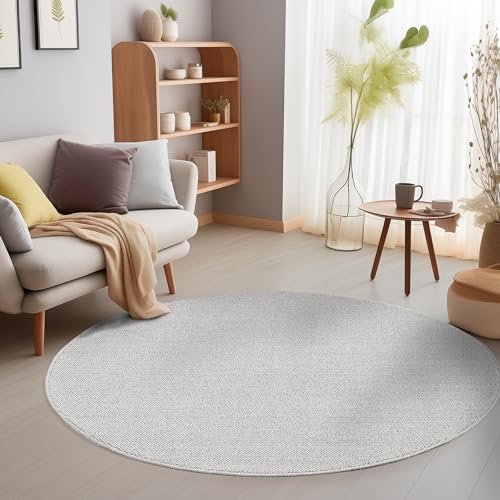 Runder Eleganter Teppich Wohnzimmer Robuster, Melierter Schlingenteppich in Einfarbig mit Struktur, Modernes Cut-Loop Design Grösse: 120 cm Rund, Farbe: Silber von SIMPEX