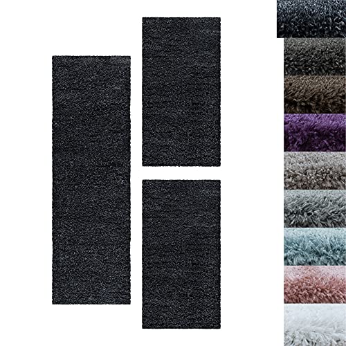 SIMPEX Bettumrandung Schlafzimmer 3teilig Shaggy Hochflor Teppich Anthrazit Bettset: 2 mal 60x110 + 1 mal 80x150 - Schlafzimmer Teppich 3 Teilig Läufer Extra Weich Flauschig Bettvorleger Läuferset von SIMPEX