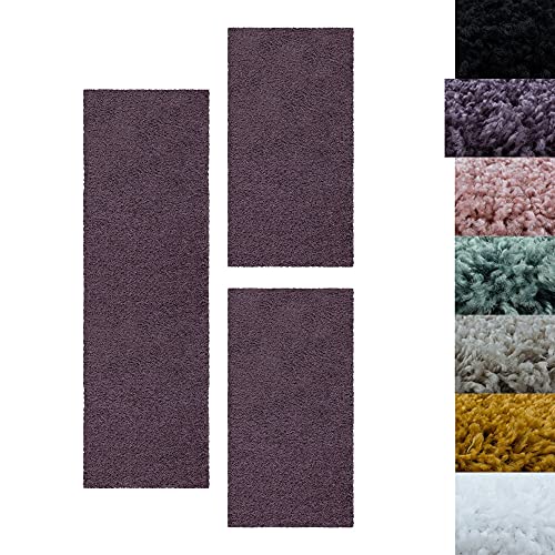 SIMPEX Bettumrandung Schlafzimmer 3teilig Shaggy Hochflor Teppich Violett Bettset: 2 mal 100x200 + 1 mal 80x250 - Schlafzimmer Teppich 3 Teilig Läufer Extra Weich Flauschig Bettvorleger Läuferset von SIMPEX