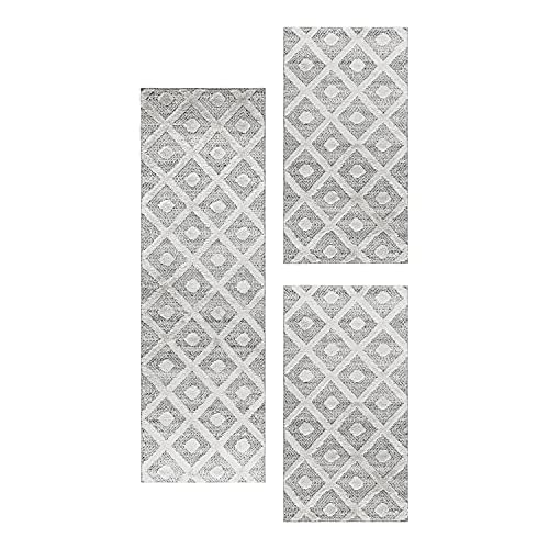 SIMPEX Bettvorleger Schlafzimmer Teppich Bettumrandung 3 Teilig Läufer Flur Küchenteppich Bettläufer Boho Stil Skandinavisches 3D Design Kurzflor Soft & Extra Weich Farbe: Grau von SIMPEX