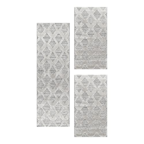 SIMPEX Bettvorleger Schlafzimmer Teppich Bettumrandung 3 Teilig Läufer Flur Küchenteppich Bettläufer Boho Stil Skandinavisches 3D Design Kurzflor Soft & Extra Weich Farbe: Grau von SIMPEX