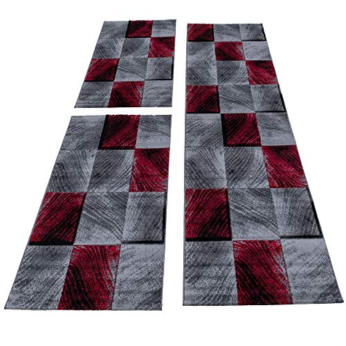 SIMPEX Bettvorleger Schlafzimmer Teppich Bettumrandung 3 Teiliger Set Läufer Flur Küchenteppich Bettläufer Modernes Design Kurzflor Soft & Extra Weich Farbe: Rot von SIMPEX