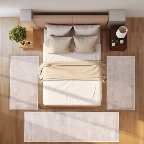 SIMPEX Bettvorleger Schlafzimmer Teppich Läufer Flur Bettumrandung Teppich Küchenläufer Kurzflor 3 Teiliger Set Boho Stil Modernes Design Soft Weich, Beige von SIMPEX
