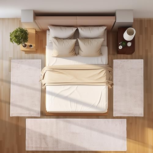 SIMPEX Bettvorleger Schlafzimmer Teppich Läufer Flur Bettumrandung Teppich Küchenläufer Kurzflor 3 Teiliger Set Boho Stil Modernes Design Soft Weich, Beige von SIMPEX