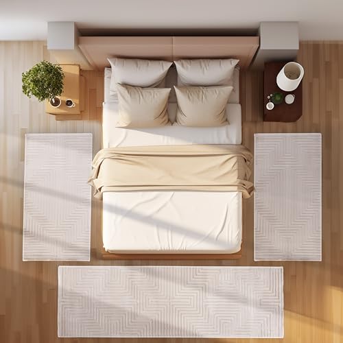 SIMPEX Bettvorleger Schlafzimmer Teppich Läufer Flur Bettumrandung Teppich Küchenläufer Kurzflor 3 Teiliger Set Boho Stil Modernes Design Soft Weich, Beige von SIMPEX