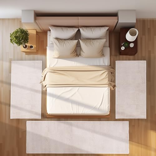 SIMPEX Bettvorleger Schlafzimmer Teppich Läufer Flur Bettumrandung Teppich Küchenläufer Kurzflor 3 Teiliger Set Boho Stil Modernes Design Soft Weich, Beige von SIMPEX