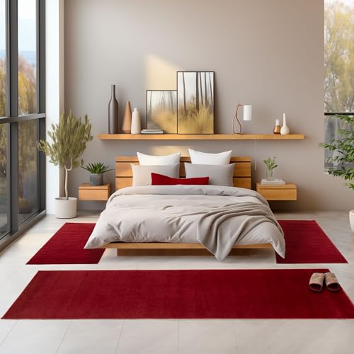 SIMPEX Bettvorleger Schlafzimmer Teppich Läufer Flur Bettumrandung Teppich Küchenläufer Kurzflor 3 Teiliger Set Einfarbiges Design Soft Extra Weich Farbe: Rot von SIMPEX