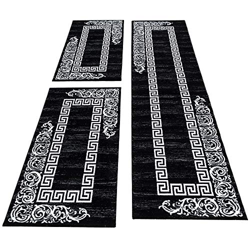 SIMPEX Bettvorleger Schlafzimmer Teppich Läufer Flur Küchenteppich Kurzflor 3 Teiliger Set Bettumrandung Teppich Modernes Design Soft Flauschig & Extra Weich Farbe: Schwarz von SIMPEX