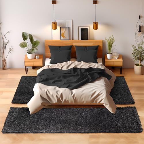 SIMPEX Bettvorleger Schlafzimmer Teppich Läufer Flur Teppich Küchenläufer Hochflor 3 Teiliger Set Bettumrandung Einfarbig Modernes Design Soft Flauschig & Extra Weich Farbe: Anthrazit von SIMPEX