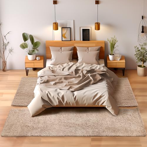 SIMPEX Bettvorleger Schlafzimmer Teppich Läufer Flur Teppich Küchenläufer Hochflor 3 Teiliger Set Bettumrandung Einfarbig Modernes Design Soft Flauschig & Extra Weich Farbe: Beige von SIMPEX