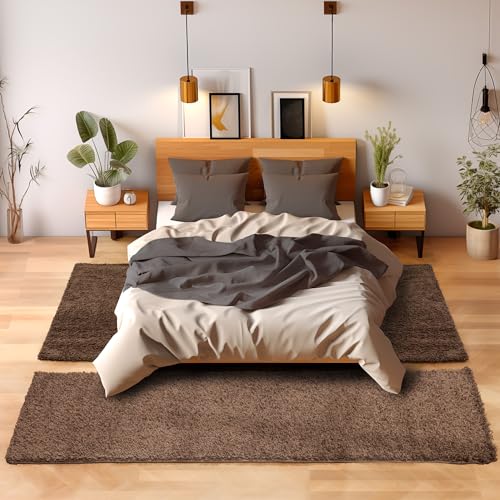 SIMPEX Bettvorleger Schlafzimmer Teppich Läufer Flur Teppich Küchenläufer Hochflor 3 Teiliger Set Bettumrandung Einfarbig Modernes Design Soft Flauschig & Extra Weich Farbe: Braun von SIMPEX