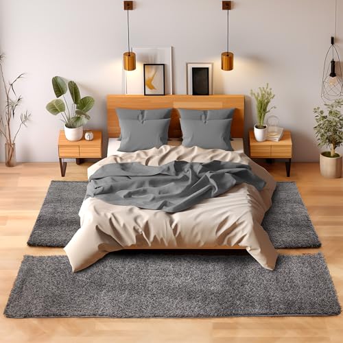 SIMPEX Bettvorleger Schlafzimmer Teppich Läufer Flur Teppich Küchenläufer Hochflor 3 Teiliger Set Bettumrandung Einfarbig Modernes Design Soft Flauschig & Extra Weich Farbe: Grau von SIMPEX