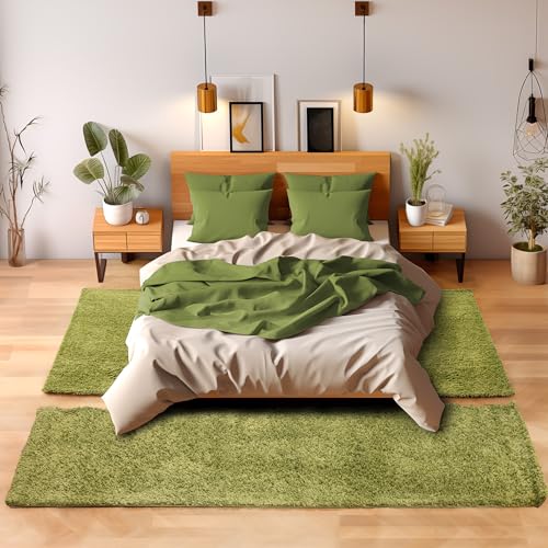 SIMPEX Bettvorleger Schlafzimmer Teppich Läufer Flur Teppich Küchenläufer Hochflor 3 Teiliger Set Bettumrandung Einfarbig Modernes Design Soft Flauschig & Extra Weich Farbe: Grün von SIMPEX