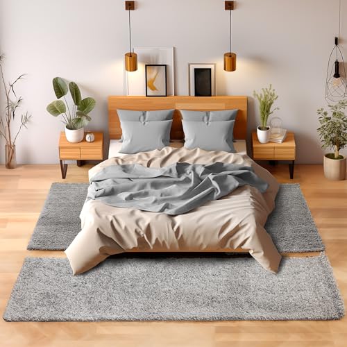 SIMPEX Bettvorleger Schlafzimmer Teppich Läufer Flur Teppich Küchenläufer Hochflor 3 Teiliger Set Bettumrandung Einfarbig Modernes Design Soft Flauschig & Extra Weich Farbe: Hellgrau von SIMPEX