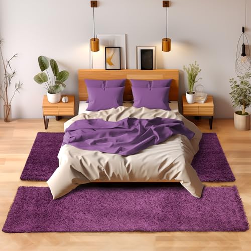 SIMPEX Bettvorleger Schlafzimmer Teppich Läufer Flur Teppich Küchenläufer Hochflor 3 Teiliger Set Bettumrandung Einfarbig Modernes Design Soft Flauschig & Extra Weich Farbe: Lila von SIMPEX