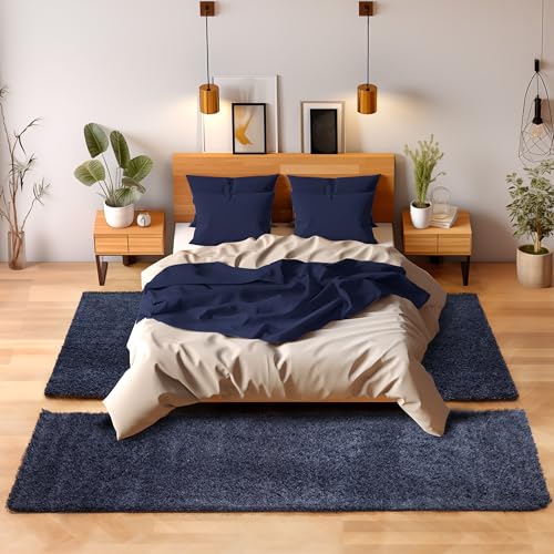 SIMPEX Bettvorleger Schlafzimmer Teppich Läufer Flur Teppich Küchenläufer Hochflor 3 Teiliger Set Bettumrandung Einfarbig Modernes Design Soft Flauschig & Extra Weich Farbe: Navyblau von SIMPEX