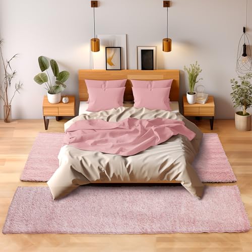 SIMPEX Bettvorleger Schlafzimmer Teppich Läufer Flur Teppich Küchenläufer Hochflor 3 Teiliger Set Bettumrandung Einfarbig Modernes Design Soft Flauschig & Extra Weich Farbe: Pink von SIMPEX
