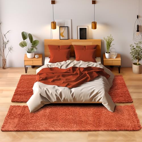 SIMPEX Bettvorleger Schlafzimmer Teppich Läufer Flur Teppich Küchenläufer Hochflor 3 Teiliger Set Bettumrandung Einfarbig Modernes Design Soft Flauschig & Extra Weich Farbe: Terra von SIMPEX