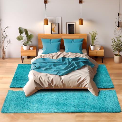 SIMPEX Bettvorleger Schlafzimmer Teppich Läufer Flur Teppich Küchenläufer Hochflor 3 Teiliger Set Bettumrandung Einfarbig Modernes Design Soft Flauschig & Extra Weich Farbe: Türkis von SIMPEX