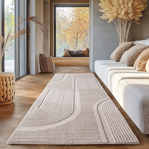 SIMPEX Einfarbiger Skandinavischer Boho Teppich Creme 80x150 cm, Waschbarer Deko Teppich mit 3D-Effekt Wohnzimmer & Schlafzimmer von SIMPEX