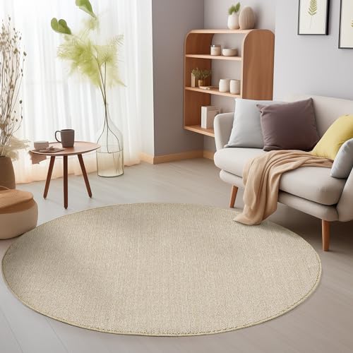SIMPEX Eleganter Teppich Wohnzimmer Robuster, Melierter Schlingenteppich in Einfarbig mit Struktur, Modernes Cut-Loop Design Grösse: 200 cm Rund, Farbe: Beige von SIMPEX