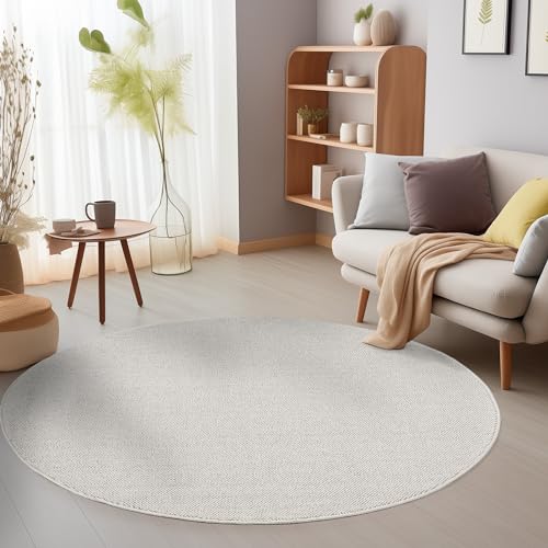SIMPEX Eleganter Teppich Wohnzimmer Robuster, Melierter Schlingenteppich in Einfarbig mit Struktur, Modernes Cut-Loop Design Grösse: 200 cm Rund, Farbe: Creme von SIMPEX