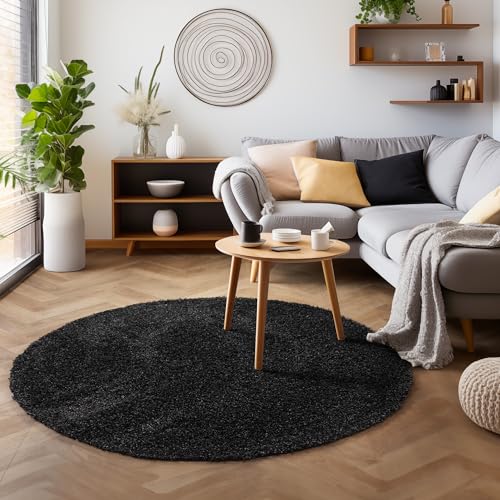 SIMPEX Flauschiger Teppich Rund Wohnzimmer Anthrazit Schlafzimmer Läufer Flur Esszimmer Küchenteppich Hochflor Einfarbig Modernes Design 30 mm Florhöhe Kuschelweich Größe: 80 cm Rund von SIMPEX