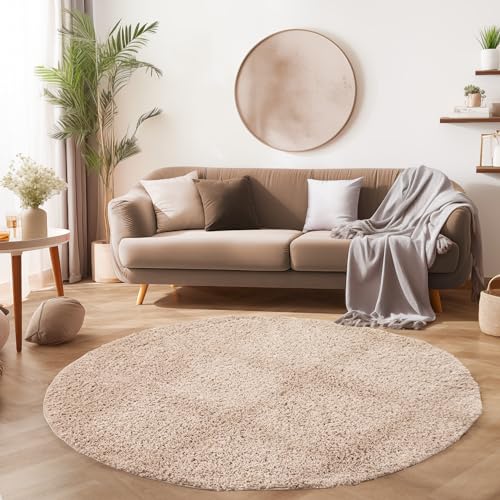 SIMPEX Flauschiger Teppich Rund Wohnzimmer Beige Schlafzimmer Läufer Flur Esszimmer Küchenteppich Hochflor Einfarbig Modernes Design 30 mm Florhöhe Kuschelweich Größe: 160 cm Rund von SIMPEX