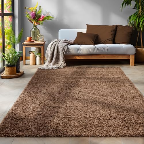 SIMPEX Flauschiger Teppich Wohnzimmer Schlafzimmer Läufer Flur Esszimmer Küchenteppich Hochflor Einfarbig Modernes Design 30 mm Florhöhe Kuschelweich, Braun, 120 cm Rund von SIMPEX