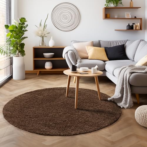 SIMPEX Flauschiger Teppich Rund Wohnzimmer Braun Schlafzimmer Läufer Flur Esszimmer Küchenteppich Hochflor Einfarbig Modernes Design 30 mm Florhöhe Kuschelweich Größe: 160 cm Rund von SIMPEX