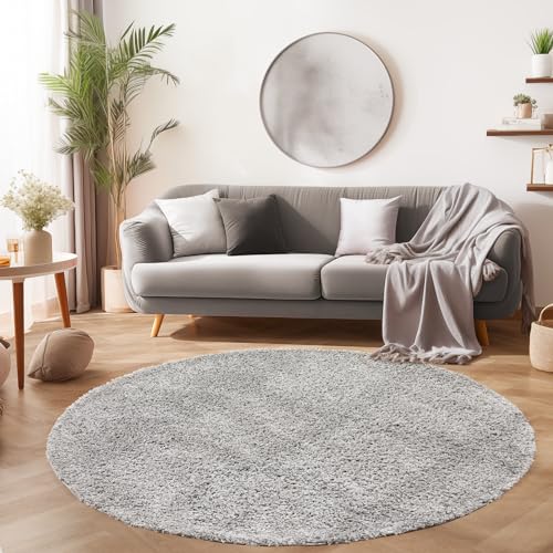 SIMPEX Flauschiger Teppich Rund Wohnzimmer Hellgrau Schlafzimmer Läufer Flur Esszimmer Küchenteppich Hochflor Einfarbig Modernes Design 30 mm Florhöhe Kuschelweich Größe: 80 cm Rund von SIMPEX